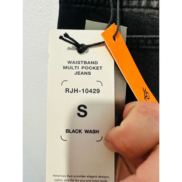 AMERICAN BAZI Black Washed Wide-Leg Cargo Style Drawstring Pants NWT size Small - Picture 13 of 14